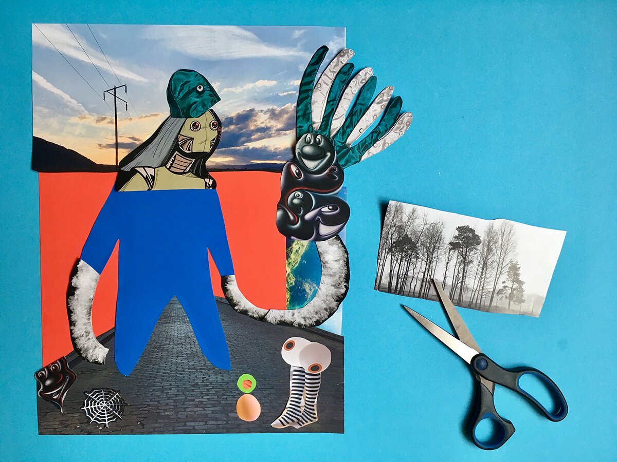 Collage einer Fantasiefigur mit Schere
