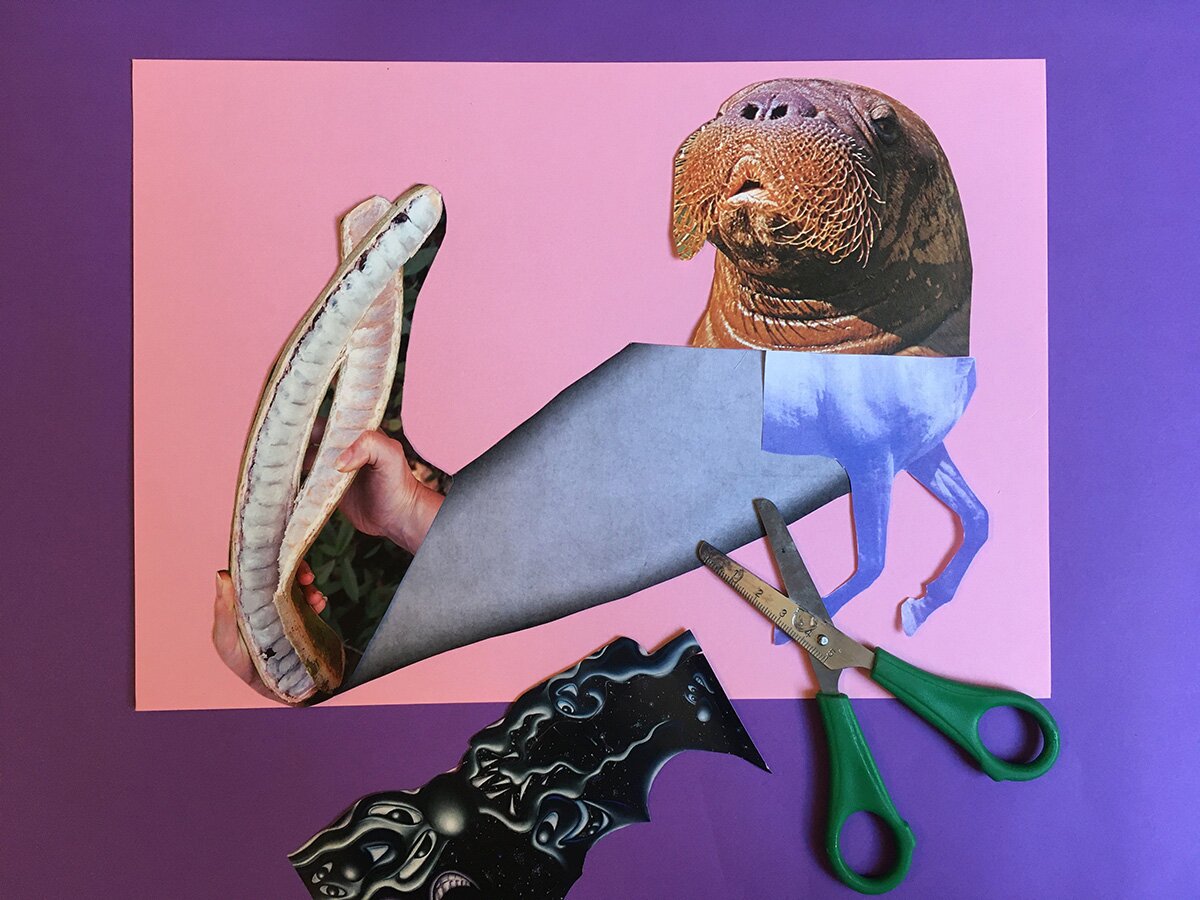 Collage mit Tierk&ouml;rperteilen und Schere