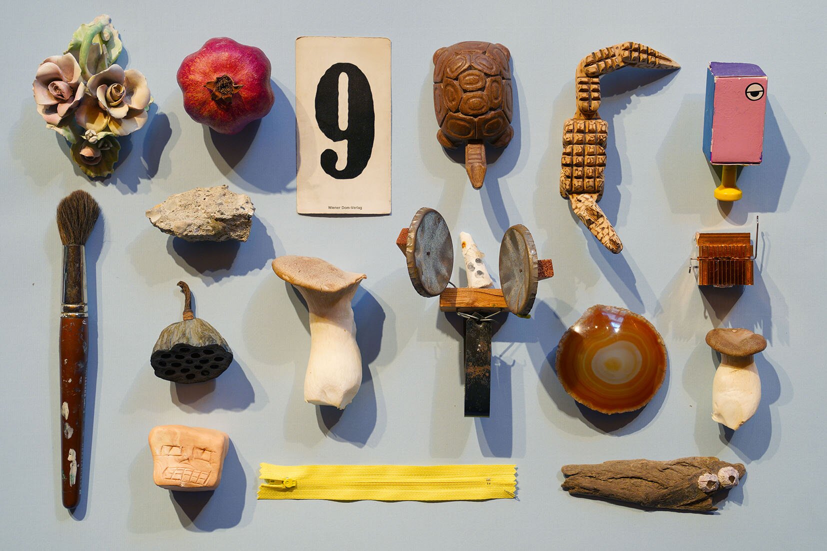 Sammelsurium von Gegenständen, Figuren und Pflanzen