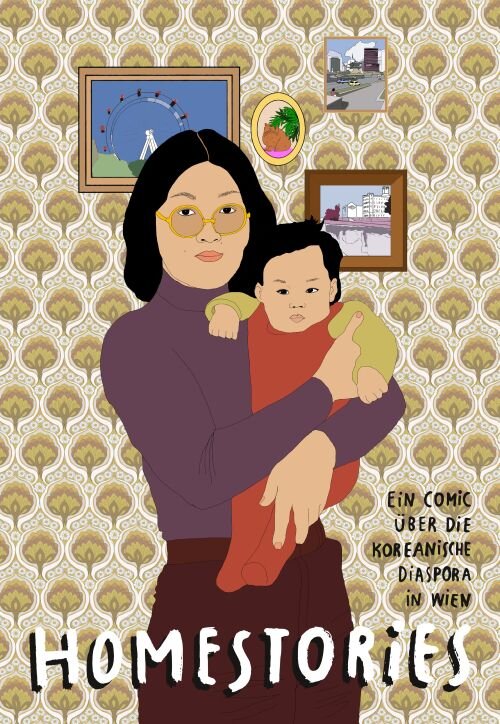 Gemaltes Plakat für den Comic Homstories mit einer Frau, die ein Baby hält.