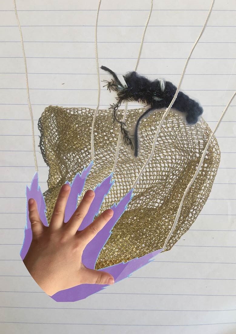 Collage mit einer Hand und Webmaterial.