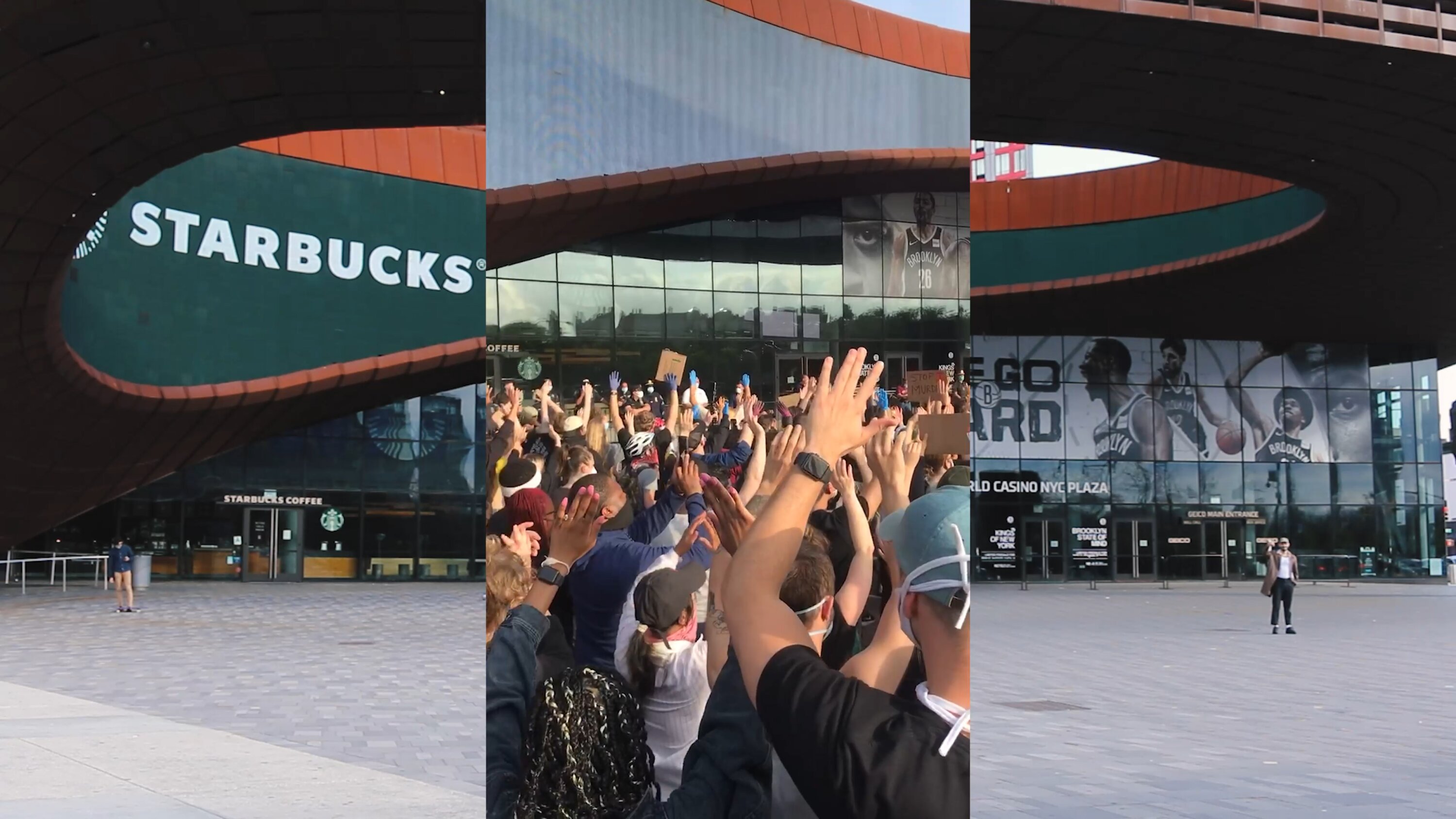 Filmausschnitt aus einem Video. Im Hintergrund Außenansicht eines Sporttadion. Im Vordergrund ein Bildausschnitt der eine Menschenmenge zeigt vor dem selben Stadion.