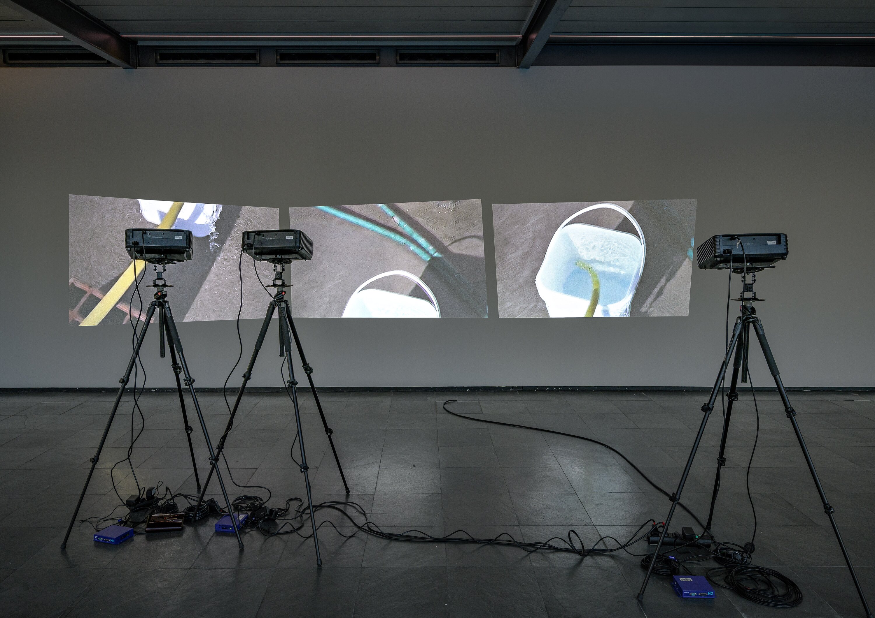 Ausstellungsansicht von drei Projektoren in einem dunklen Raum, die drei Bilder von verschiedenen Ausschnitten eines Wassereimers zeigen.